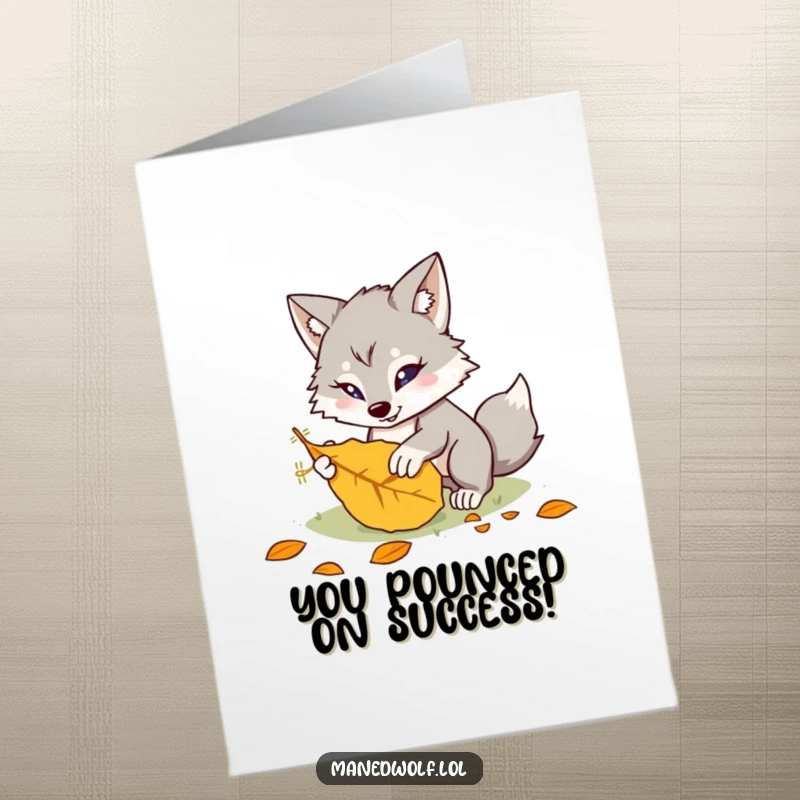 Funny Free Printable Congratulations Card: A kawaii maned wolf playfully pounces on a leaf, celebrating your fantastic achievement with zest.