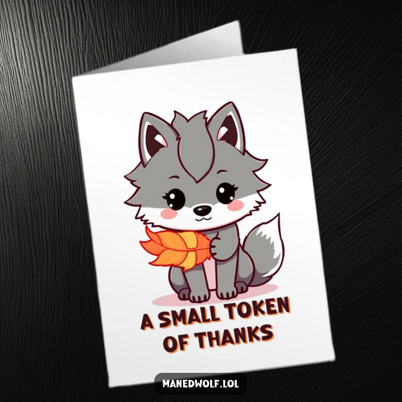 Funny Free Printable Thank You Card: Kawaii maned wolf presenting a beautiful, colorful feather as a unique thank you gift.