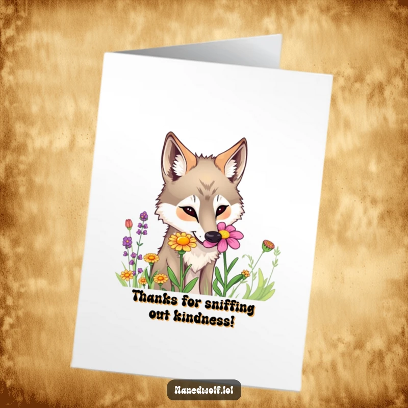 Funny Free Printable Thank You Card: Curious maned wolf sniffing a colorful wildflower with immense interest, expressing thanks.