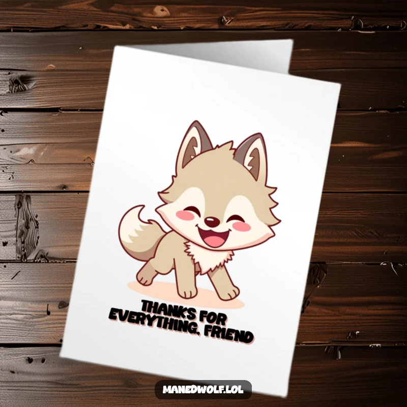 Funny Free Printable thank you card showing a maned wolf chasing its shadow, a unique way to express gratitude.