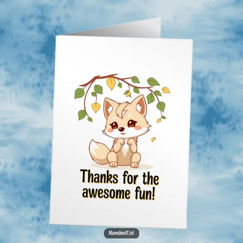 Funny Free Printable Kawaii Maned Wolf Thank You Card: A playful wolf bats at leaves, sending a cheerful thank you message.