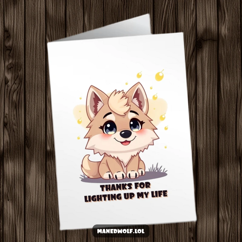 Free Printable Thank You Card: A maned wolf with joyful eyes observes fireflies at dusk, a serene and appreciative moment.