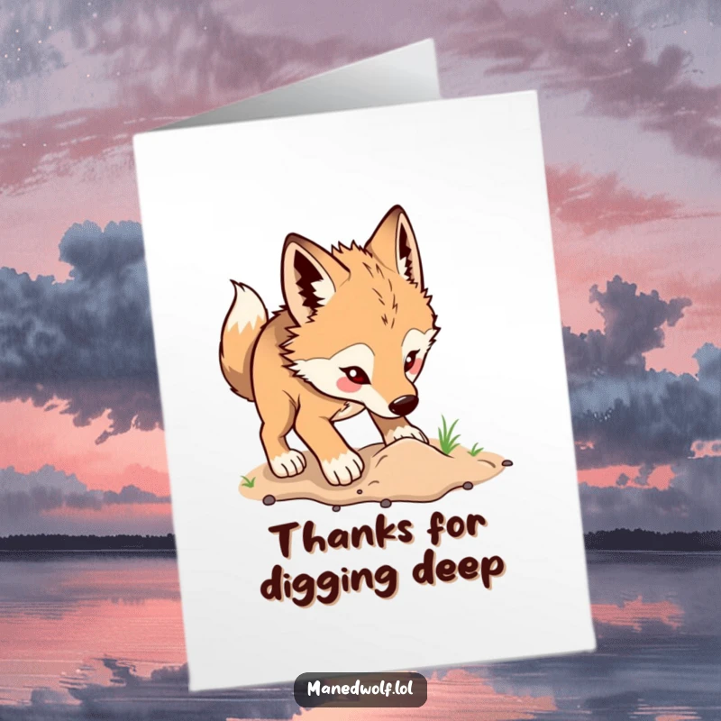 Free Printable thank you card: a maned wolf digging with excitement, a unique downloadable way to show gratitude.