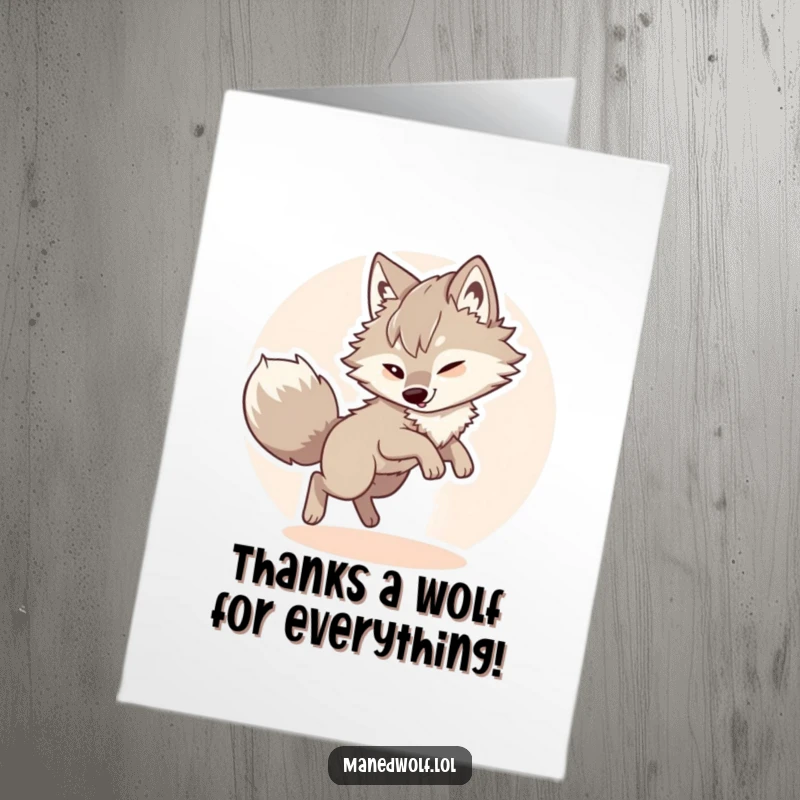 Funny Free Printable Maned Wolf Thank You Card: Fluffy wolf artistically chasing its tail in a joyful, dizzying circle.
