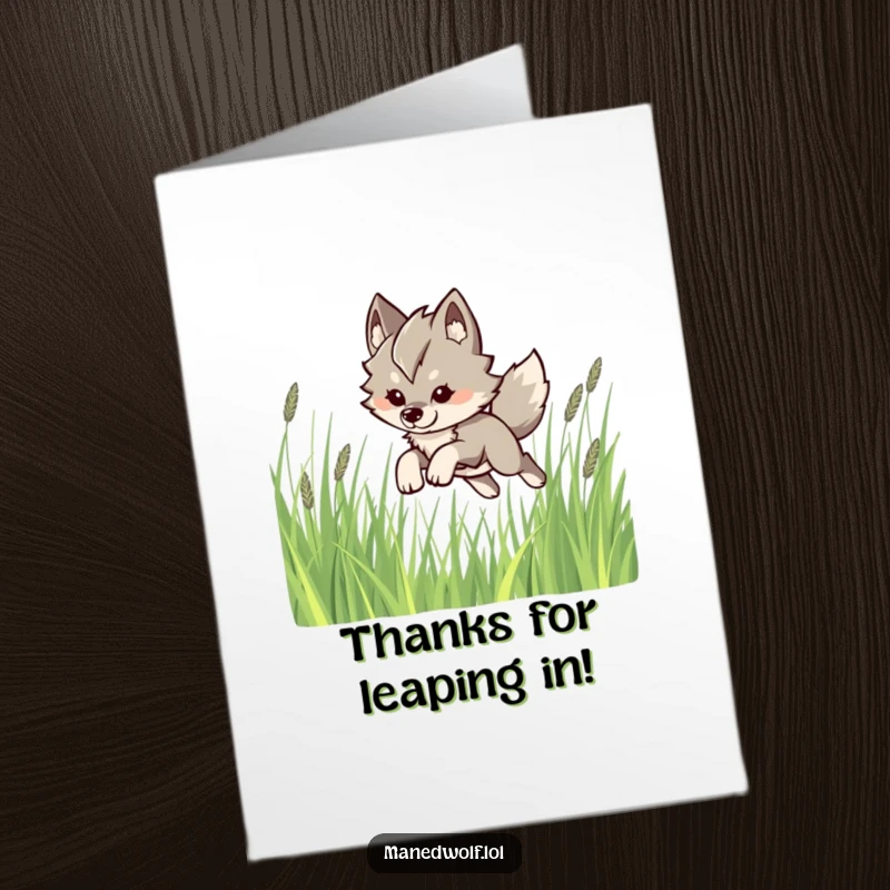 Funny Free Printable Thank You Card: Kawaii maned wolf leaping playfully, expressing thanks with energetic grace.