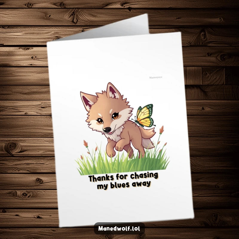 Free Printable Thank You Card: Maned wolf enthusiastically chasing a shiny butterfly through grass, a playful and funny thank you design.