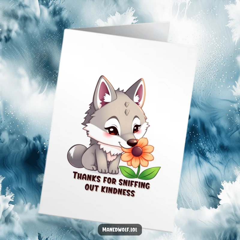 Free Printable Thank You Card: Maned wolf with a curious nose near a vibrant flower, a unique and funny way to say thanks.