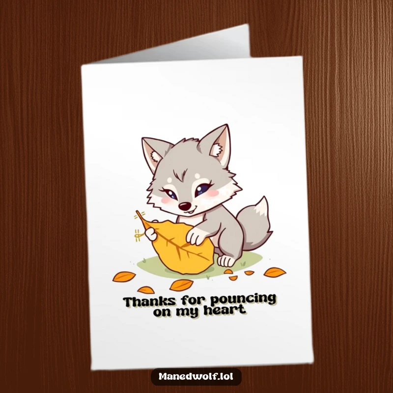 Funny Free Printable Thank You Card: A kawaii maned wolf playfully pounces on a leaf, sending thanks with energetic delight.