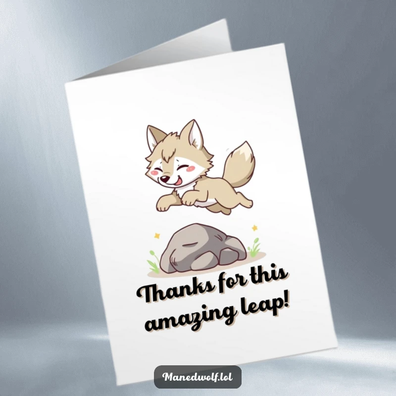 Funny Free Printable Thank You Card of a maned wolf mid-leap, showcasing energetic gratitude and a playful spirit.