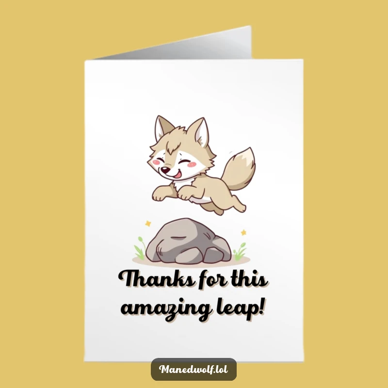 Free Printable Thank You Card: Maned Wolf Leaping Over Rocks with Gratitude