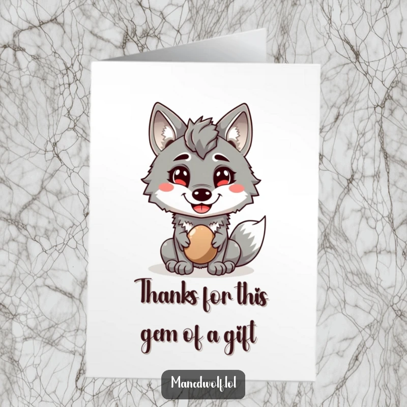 Funny Free Printable Thank You Card: a maned wolf with a cheerful grin holding out a shiny pebble as a token of thanks.