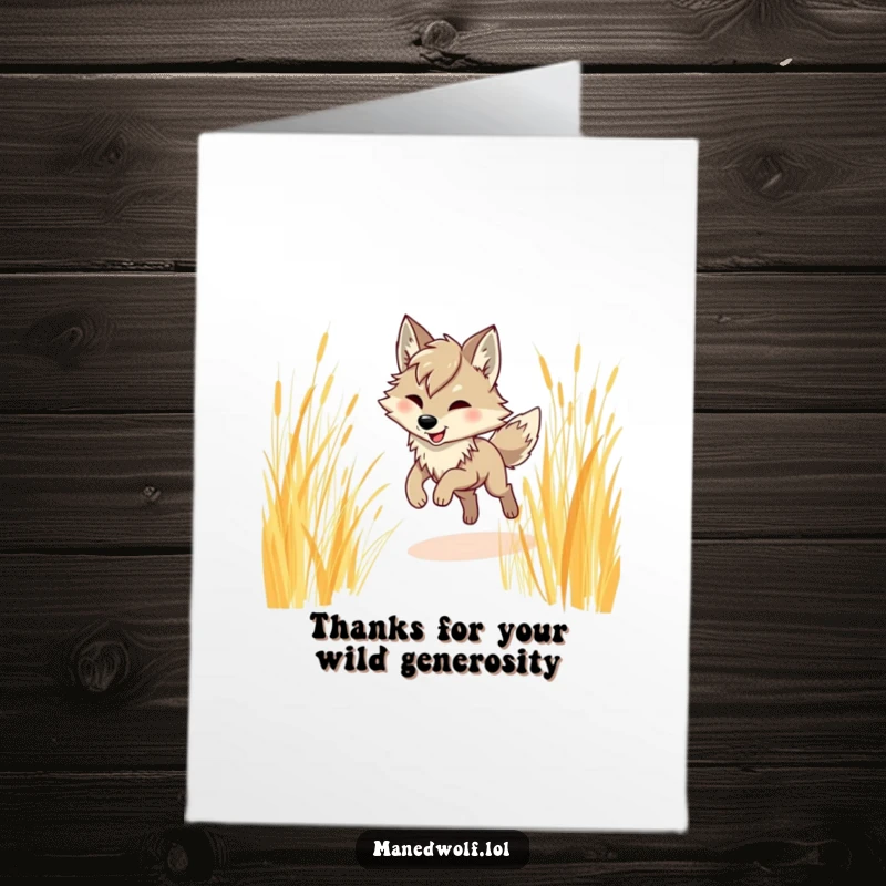 Funny Free Printable Thank You Card: A maned wolf joyfully prancing through golden grass, sending heartfelt thanks.