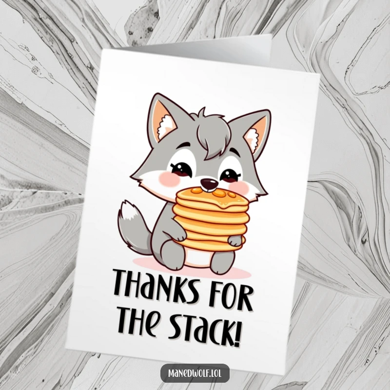 Funny Free Printable Thank You Card: A kawaii maned wolf balances on its nose a delightful stack of pancakes.
