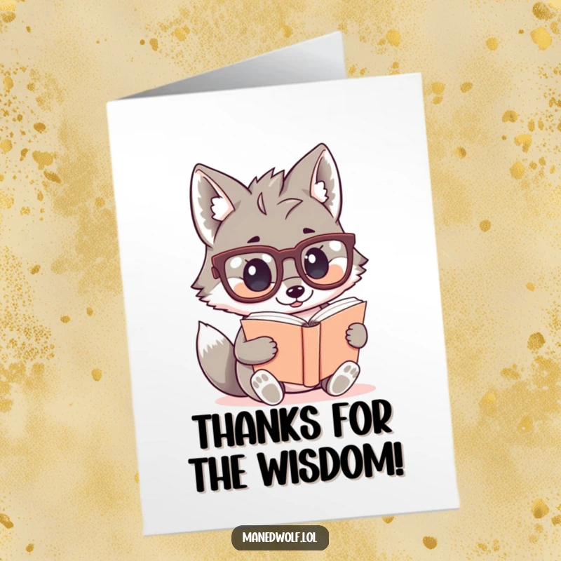 Funny Free Printable Thank You Card: A kawaii maned wolf in big glasses deeply reads a miniature book.
