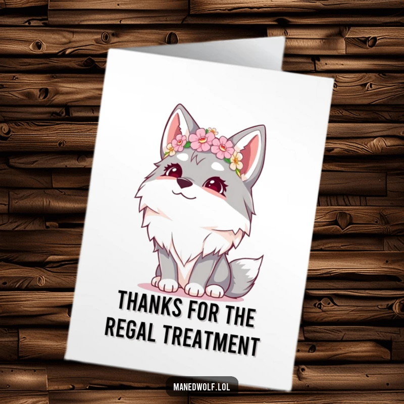 Funny Free Printable Thank You Card: A giggling maned wolf with a flower crown sends thanks with a cheerful, uplifting vibe.