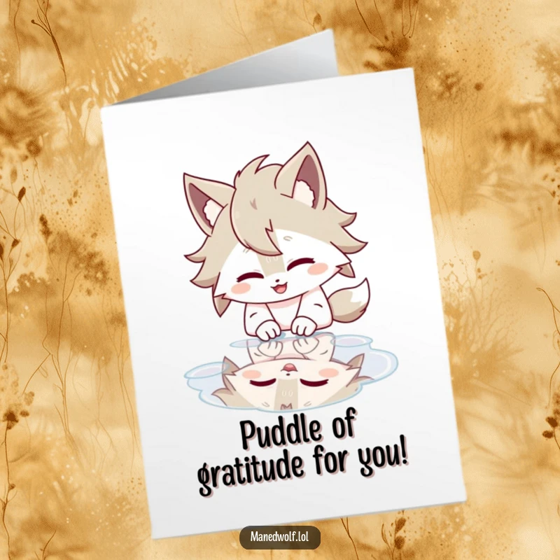 Funny Free Printable Thank You Card with a maned wolf giggling at its reflection in a puddle, a symbol of simple, shared amusement.
