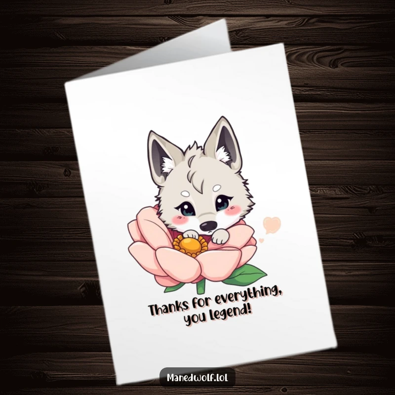Funny Free Printable Thank You Card: A kawaii maned wolf peeks from behind a large flower, conveying heartfelt thanks adorably.