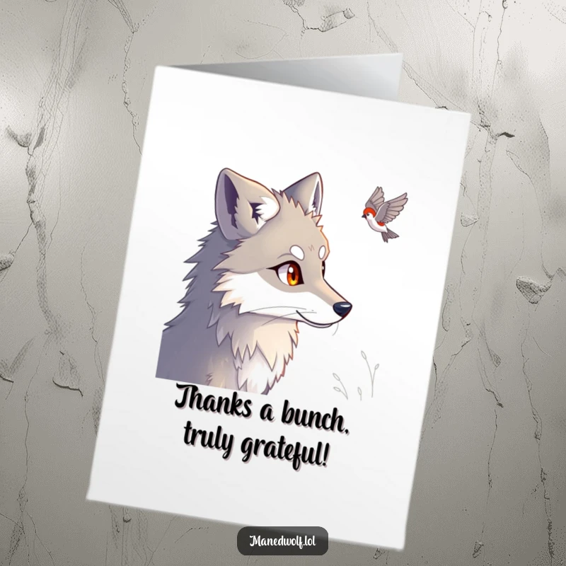 Funny Free Printable Thank You Card: Maned wolf with bright eyes looking thoughtfully, a downloadable gift.