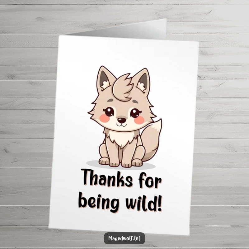 Funny Free Printable Maned Wolf Thank You Card: A smiling wolf expresses sincere gratitude with its tail wagging.