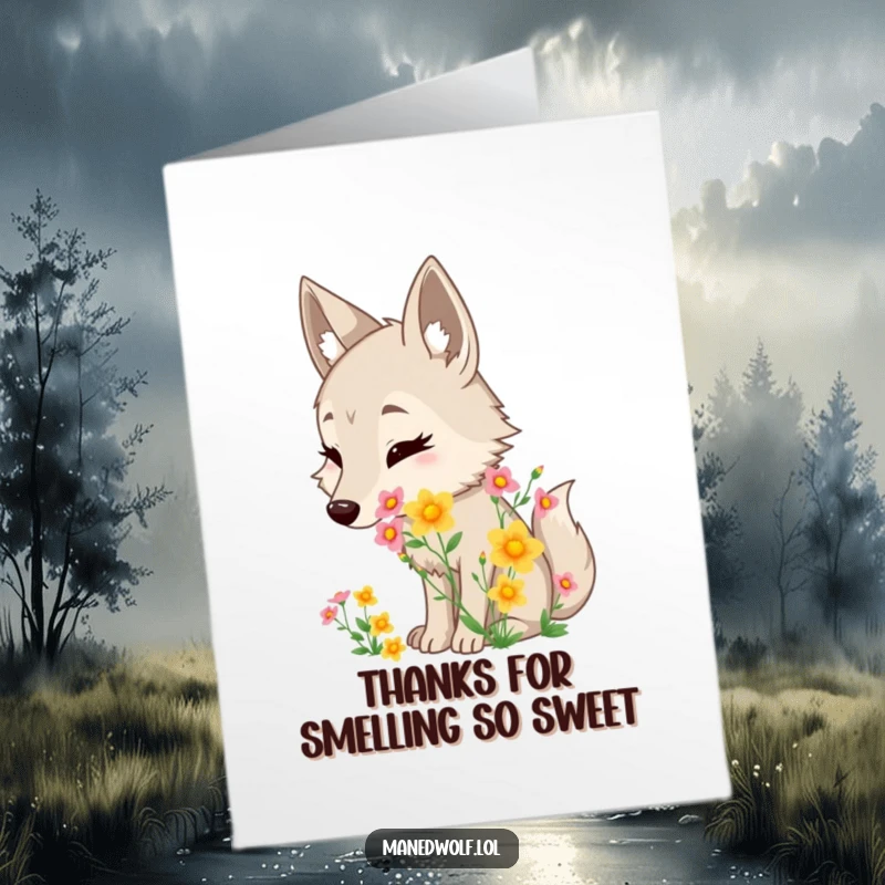 Funny Free Printable Thank You Card featuring a maned wolf sniffing a fragrant wildflower bouquet.