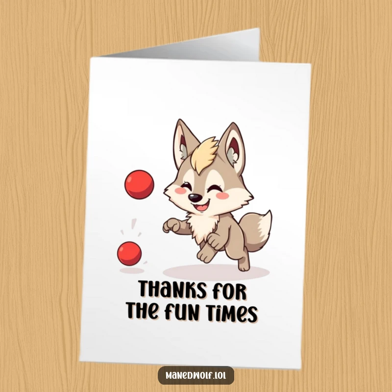Free Printable Thank You Card: A cute, smiling maned wolf joyfully chases a red ball, adding a playful touch to your thanks.
