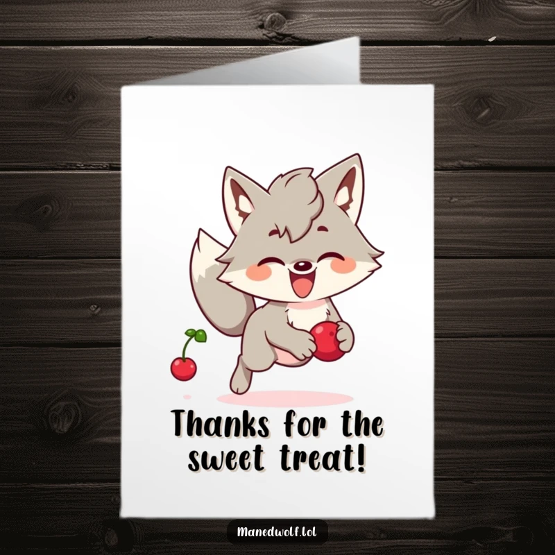 Funny Free Printable Thank You Card: Kawaii maned wolf joyfully chasing a bouncing berry, expressing thanks with enthusiasm.