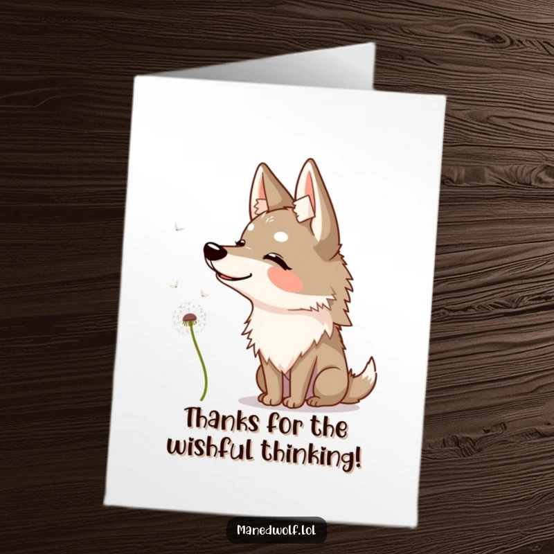 Funny Free Printable Thank You Card: Maned wolf tilts head quizzically at a delicate dandelion seed, conveying gentle thanks.
