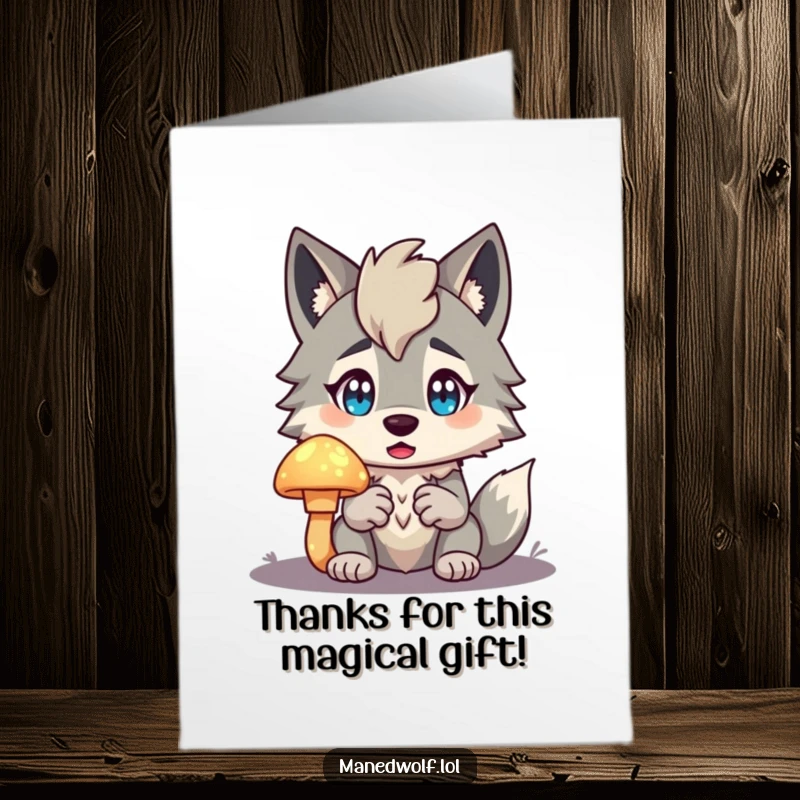Funny Free Printable Thank You Card: Maned wolf with a surprised face, holding a luminous mushroom, expressing thanks.