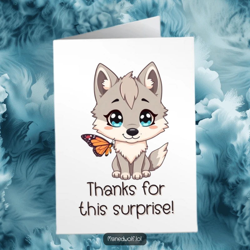 Funny Free Printable Thank You Card: A maned wolf with large, surprised eyes encountering a butterfly unexpectedly.