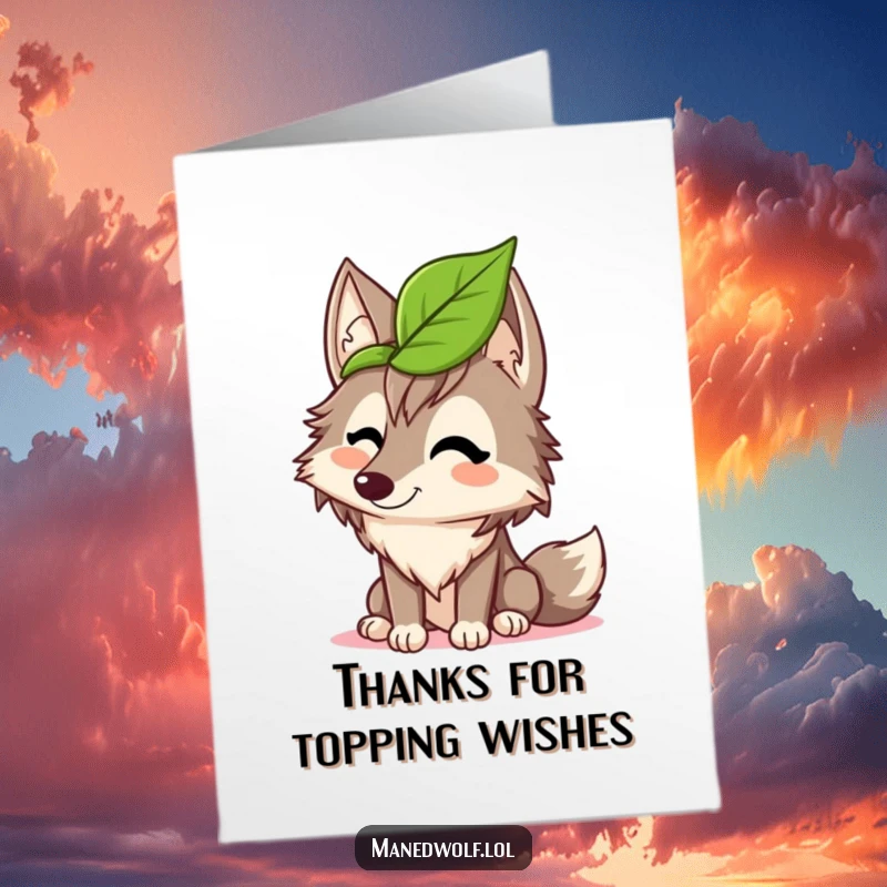 Free Printable thank you card: a maned wolf giggling with a leaf as a hat, a downloadable expression of fun.