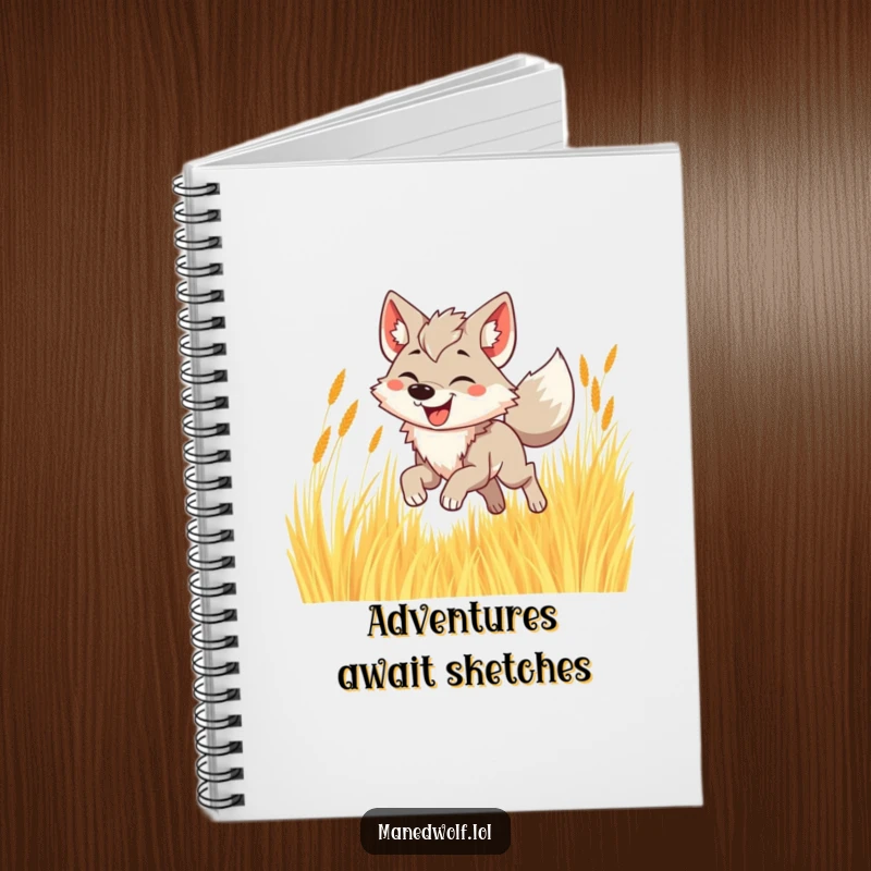 Funny maned wolf notebook featuring a happy wolf bounding through golden grass, ideal for notes.