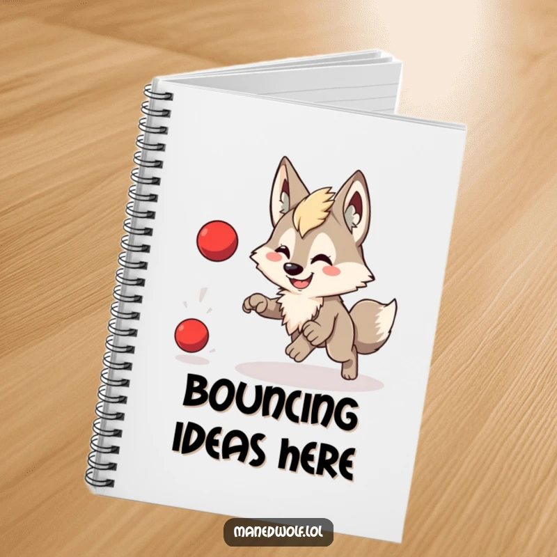 Funny notebook featuring a cute maned wolf with a wide smile, playfully chasing a bouncing red ball.