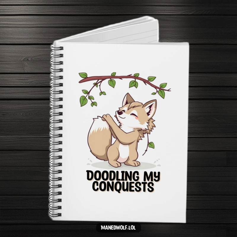 Funny Maned Wolf Notebook cover featuring a playful maned wolf batting at a vine, inspiring fun.