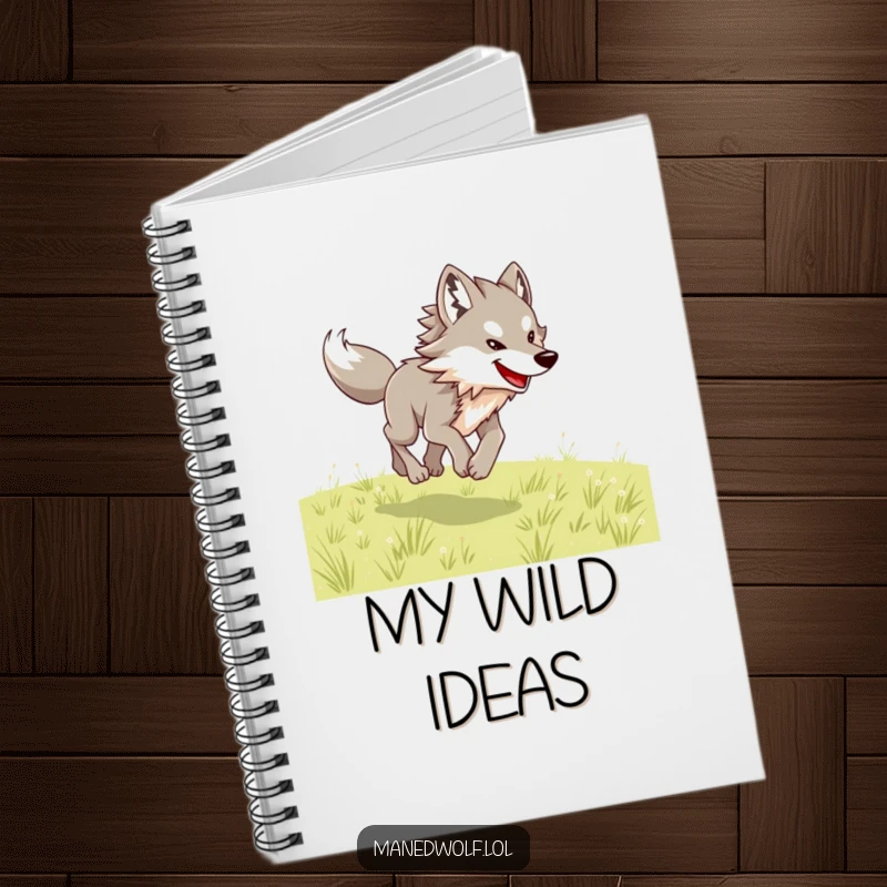 Funny maned wolf notebook with a happy wolf joyfully bounding across an open field.
