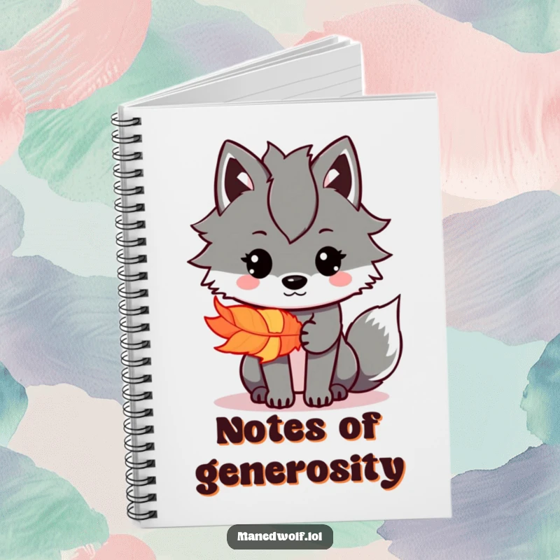 Funny Kawaii Maned Wolf Notebook with a cute wolf offering a colorful feather, ideal for journaling, a funny gift.