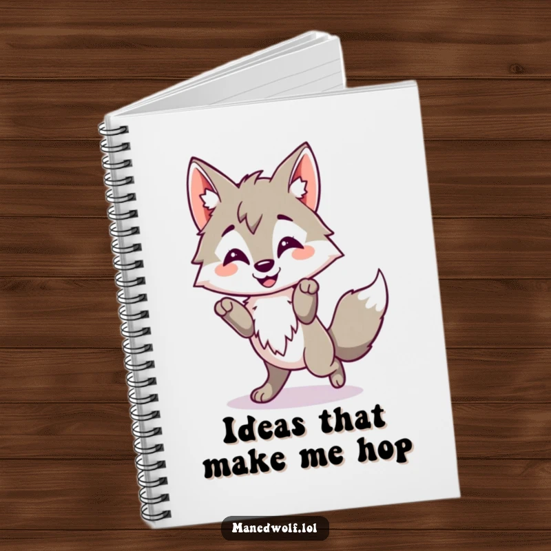 Funny Kawaii Maned Wolf Notebook featuring a cute wolf doing a happy little hop, ideal for journaling with a cheerful theme.