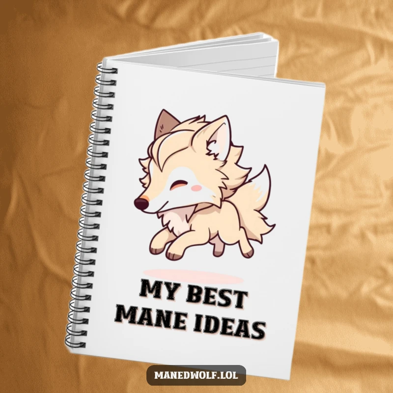 Funny Kawaii Maned Wolf Notebook with a fluffy-maned wolf bounding playfully, ideal for jotting down ideas with a dose of fun.