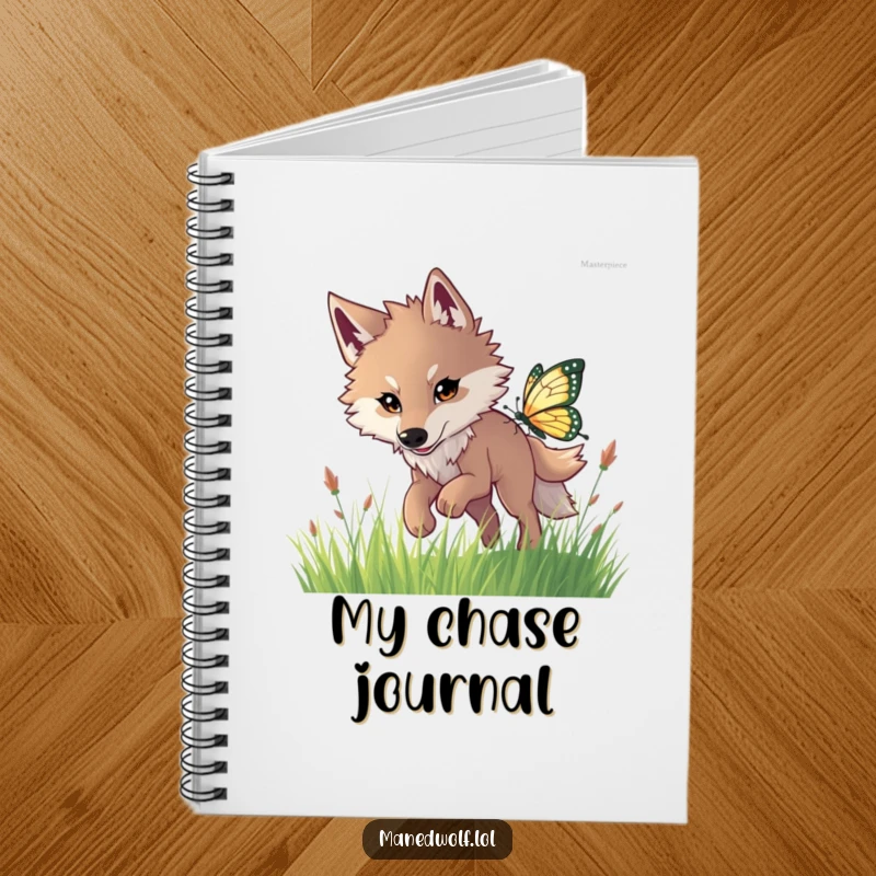 Funny maned wolf notebook cover showing a determined wolf chasing a beautiful butterfly through tall grass.