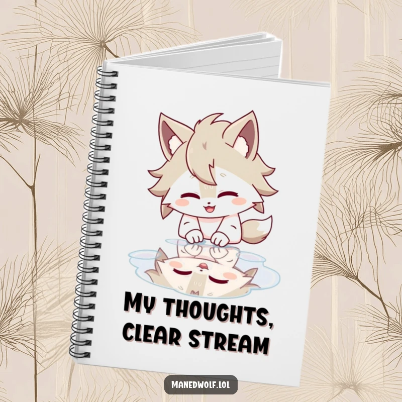 Funny notebook with a maned wolf character giggling while looking at its reflection in a puddle on the cover.