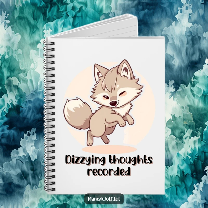 Funny maned wolf notebook, featuring a fluffy wolf hilariously chasing its tail, perfect for capturing notes and doodles.