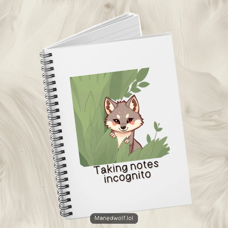 Funny notebook with a maned wolf peeking out from behind a leafy bush on the cover.