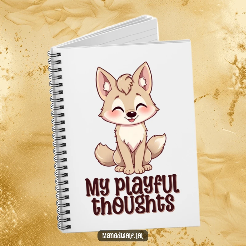 Funny playful maned wolf notebook, tail wagging, friendly nod, ideal for jotting down cheerful notes.