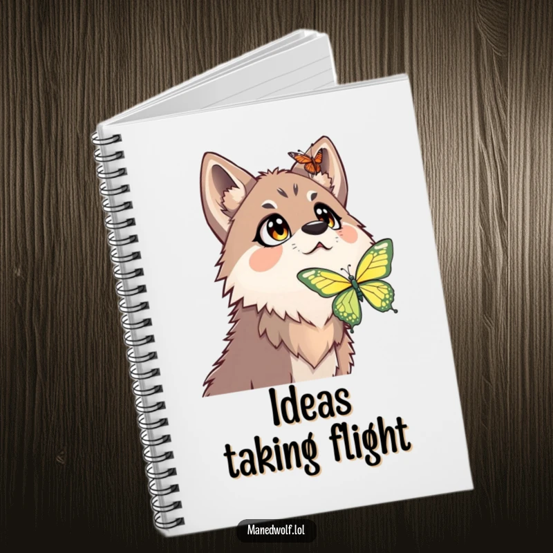 Funny maned wolf notebook featuring a surprised maned wolf with wide eyes looking up at a butterfly.