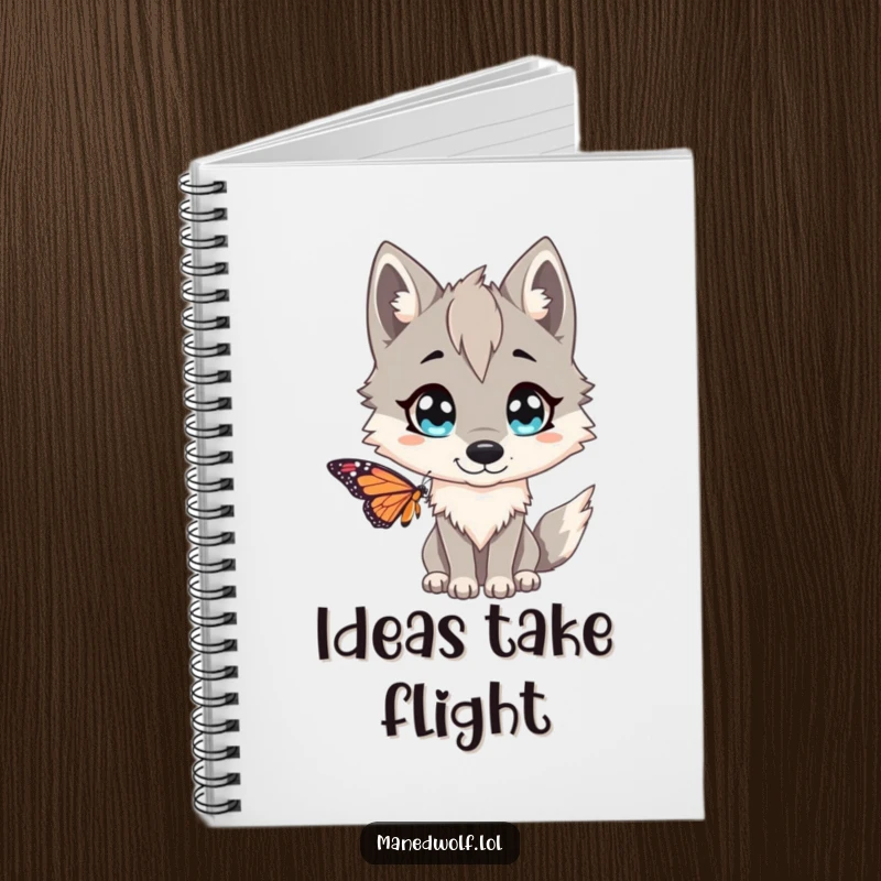 Funny Maned wolf notebook, featuring the animal with wide eyes, playfully surprised by a butterfly, ideal for capturing notes and doodles.