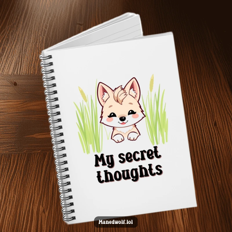Funny kawaii maned wolf notebook with a smiling wolf peeking from behind tall grass.