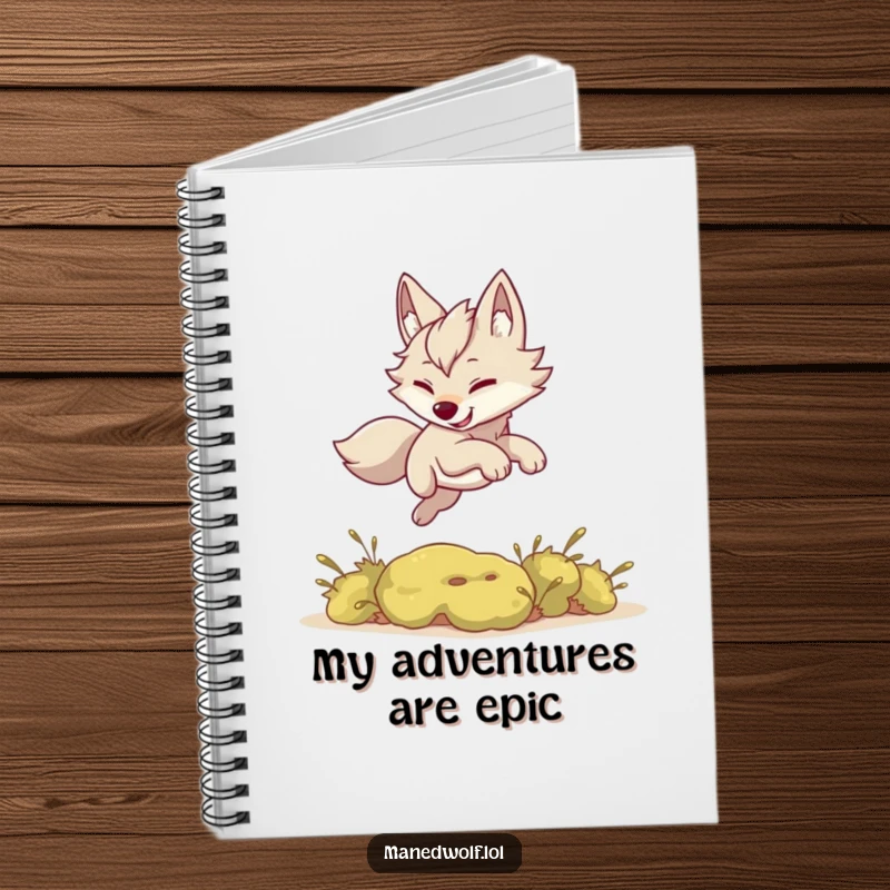 Funny notebook cover: a kawaii maned wolf playfully leaping over a small bush, ideal for journaling.