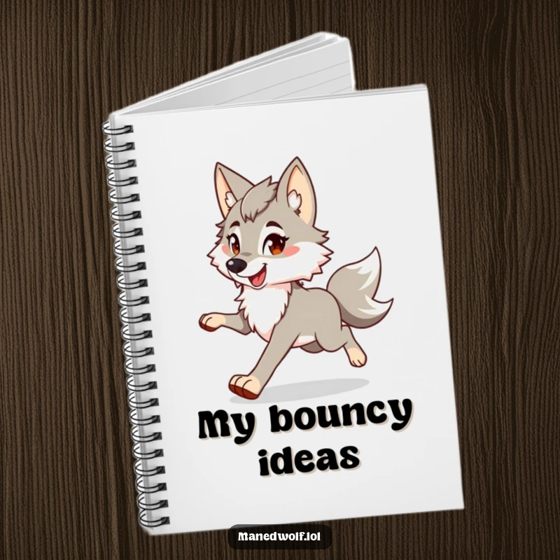 Funny maned wolf notebook depicting a character's happy, bouncy trot, perfect for jotting down thoughts with a playful spirit.