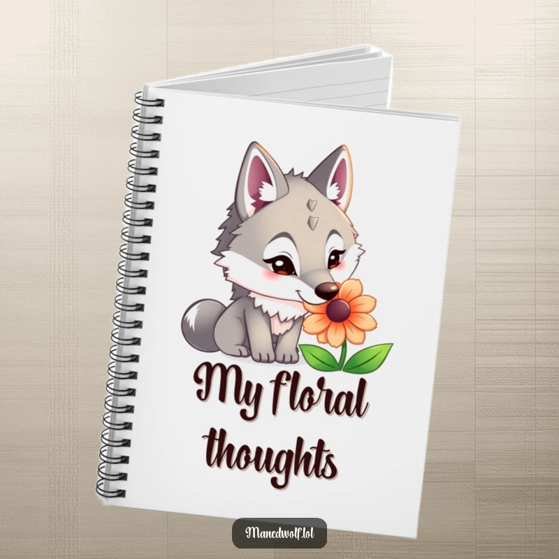Funny maned wolf notebook with a curious wolf sniffing a beautiful flower on the cover, for writing.