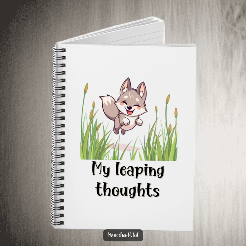 Funny maned wolf notebook, happy, leaping through grass, perfect for jotting down notes and creative brainstorming.