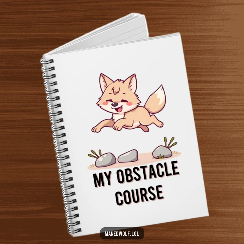 Funny maned wolf leaping over an obstacle, ruled notebook for writing, inspiring funny gift.